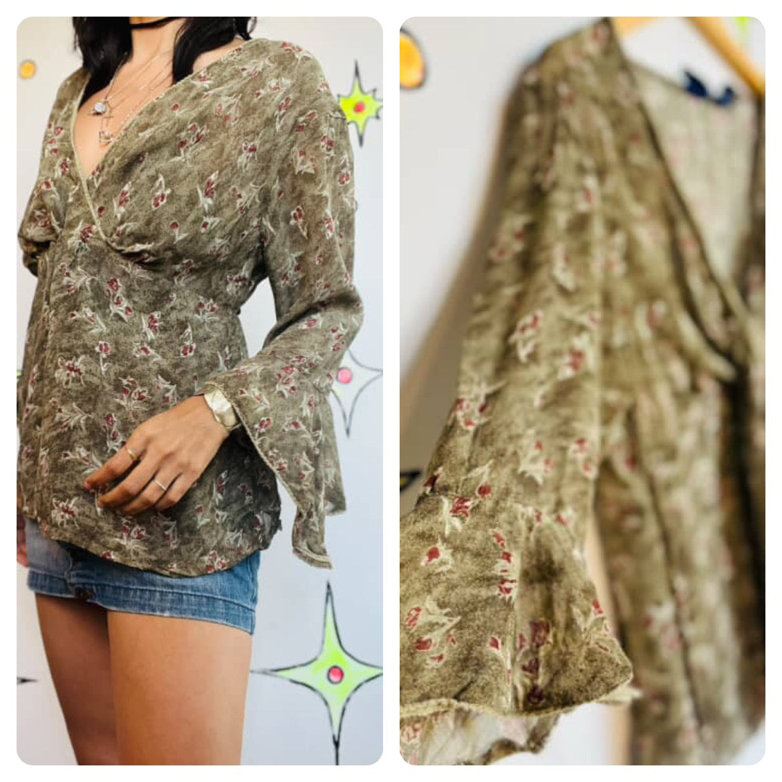 Vintage 80s 90s Boho Grunge Gauzy Fairy Grunge Boho Bell Sleeve Blouse Top | XL