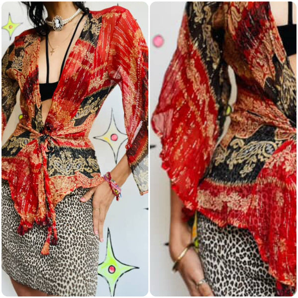 Vintage 90s Y2K Red Sheer Boho Goth Wrap Top - Pirate Gypsy Fairy Grunge - XL