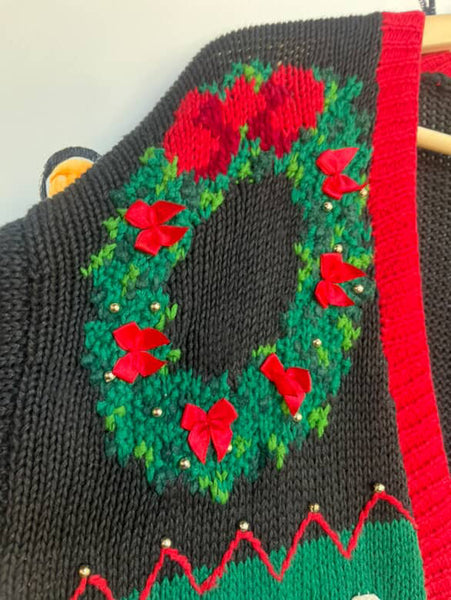 Vintage 80s 90s Ugly Tacky Christmas Party Sweater Cardigan w Teddy Bear M/L