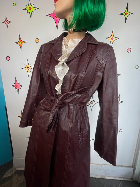 Vintage 70s Cherry Brown Leather Trench Coat Boho Grunge As-Is Distressed M/L