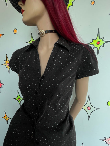 Vintage 90s Polka Dot Button Up Blouse Preppy Mall Goth Wardrobe Staple M