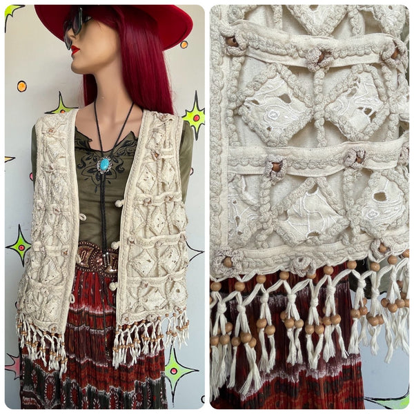 Vintage 80s 90s Off-White Silk Crochet Fringe Beaded Western Boho Vest M