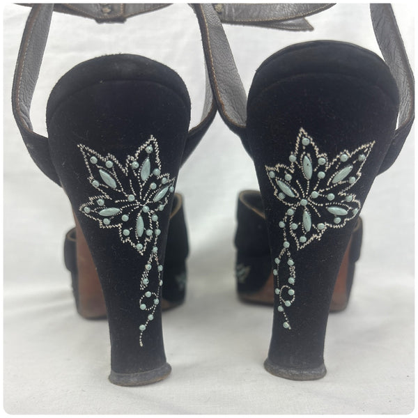 Vintage 1940s Black Embellished Peeptoe Platform Heels Designer Shoes - 7 - 7.5
