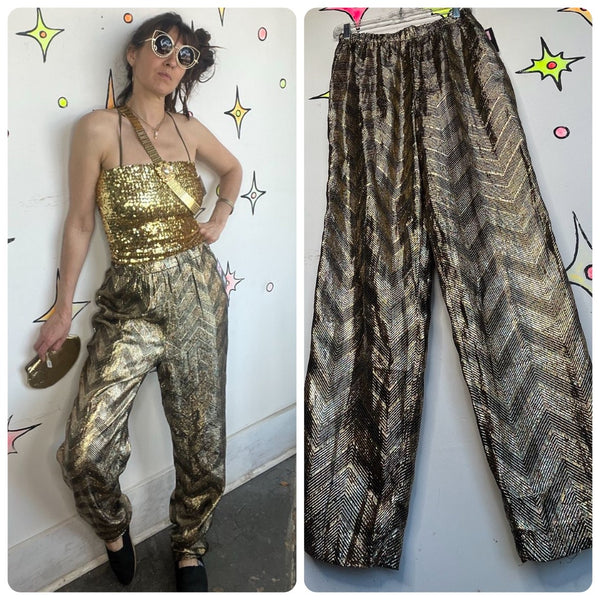 80s Gold Lamé Pants High Rise Disco Glam Studio 54 Retro Liquid Metallic M/L
