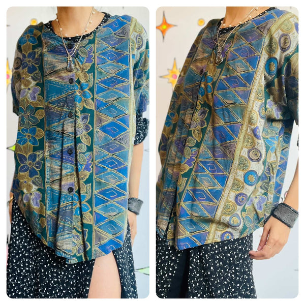 Vintage 90s Abstract Art Patterned Grunge Goth Blouse - Boho - Rayon - Oversized