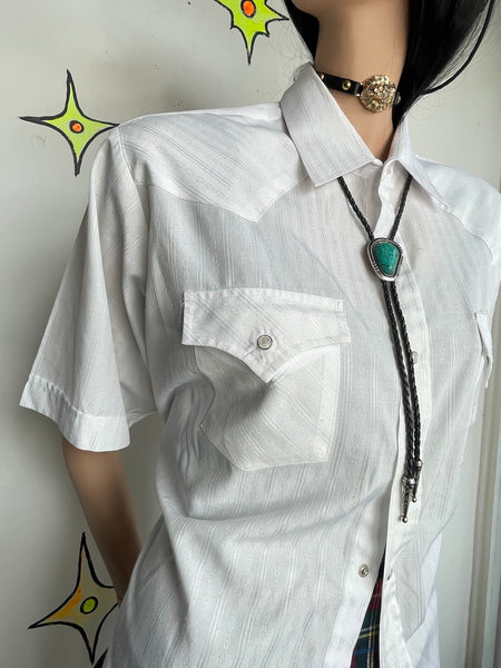 Vintage White Short Sleeve Western Button Up Shirt Pearl Snap Rodeo Cowboy XL