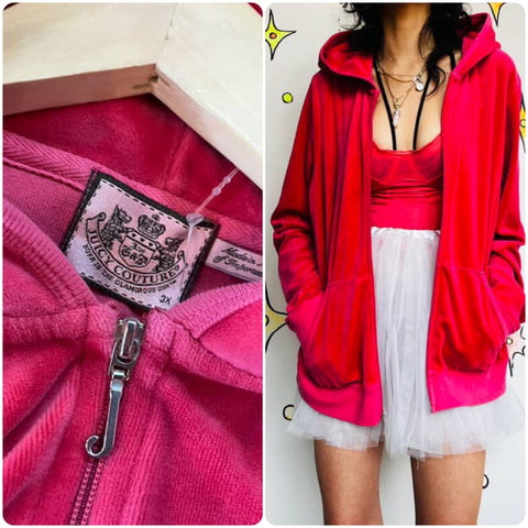 Y2K Early 2000s | Juicy Couture Fairy Grunge Pink Velour Fitted Hoodie | XL