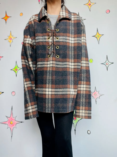 Vintage 60s Rawhide Lacer Brown Plaid Pullover Wool Shirt | Workwear Flannel XL