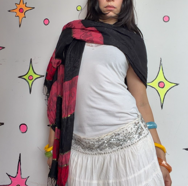Black Red Gauzy Scarf Wrap Whimsy Goth Grunge Witchy Boho Layering Shawl