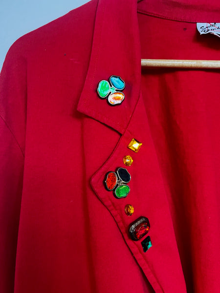 Vintage 80s Cherry Red Christmas Holiday Party Blazer - Glam Bedazzled - XL+