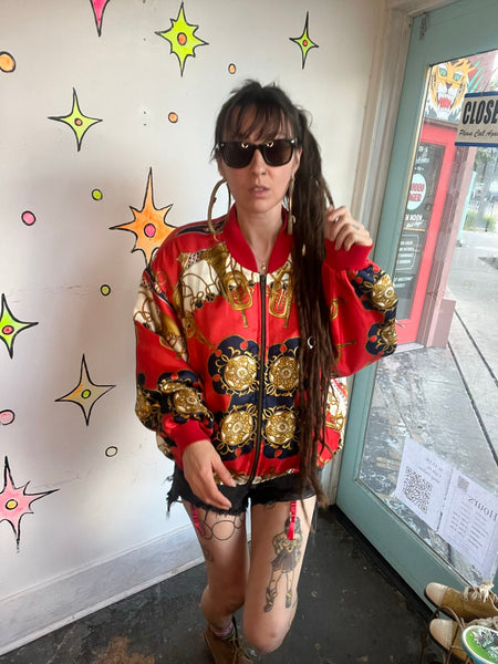 Vintage 80s Red Baroque Bomber Jacket Regal Scarf Print Statement Coat XL+