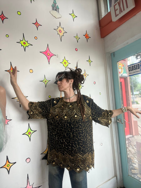 Vintage Black and Gold 80s Silk Beaded Top Glam Party Disco Sequins L/XL