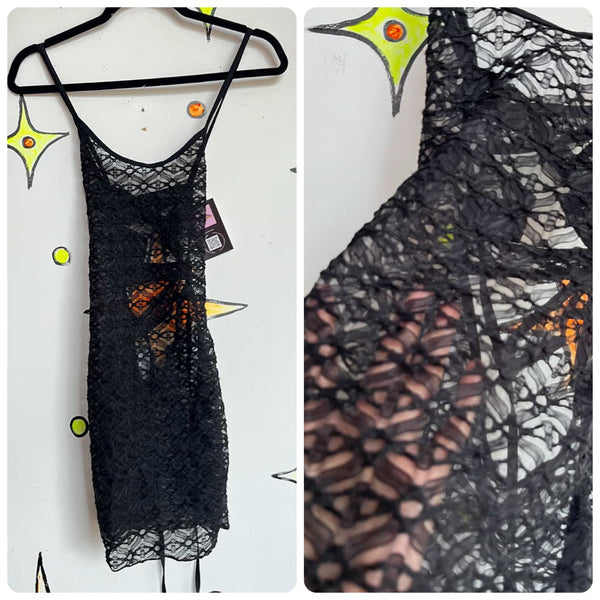 Y2K Stretchy Sheer Lace LBD | Goth Indie Sleaze Halter Party Mini Dress | Small