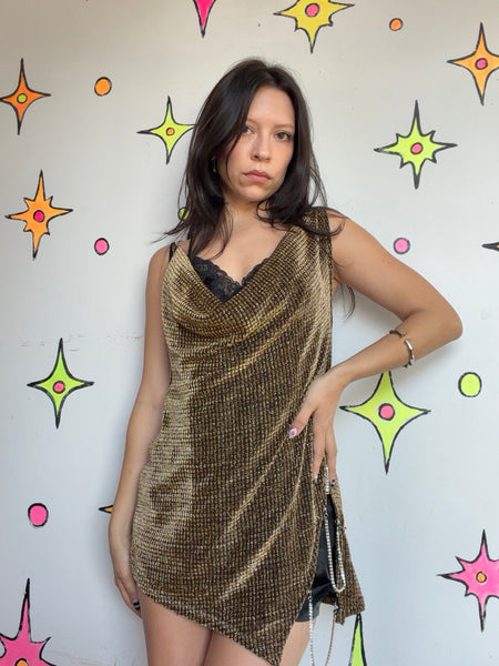 Metallic Gold Slinky Disco Dress Glam Cowl Neck Rhinestone Strap Party S/M