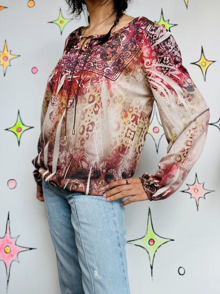 Vintage Y2K Affliction-Style Boho Grunge Fairy Indie Sleaze Tattoo Print Top | L