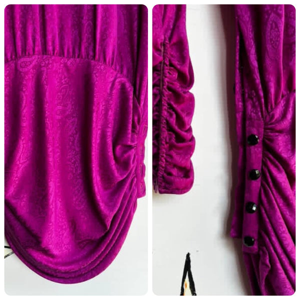 Vintage 1980s Glam Emanuel Ungaro Silk Fuchsia Paisley Ruched Dress Set - Small
