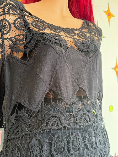 Vintage Black Crochet Mini Dress or Top Cotton Whimsy Goth Boho Grunge - M