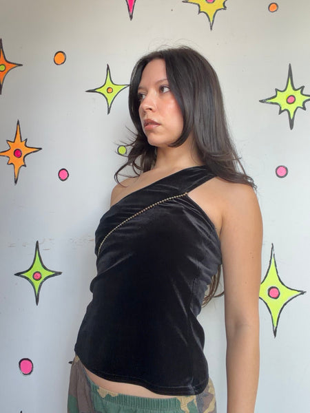 Vintage 90s Black Velvet One Shoulder Top | Goth Grunge Asymmetrical Party Top S