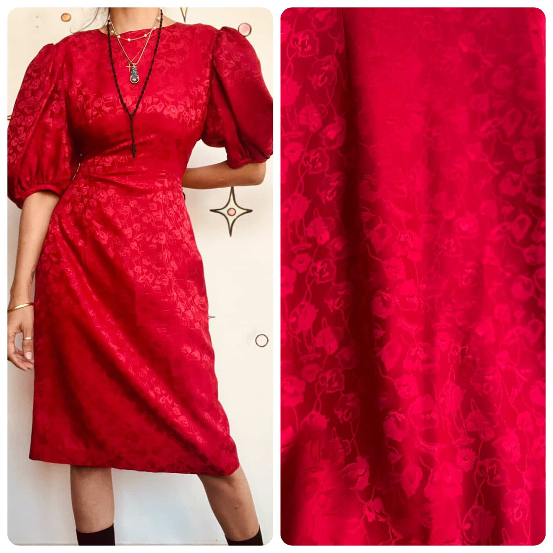 Vintage 80s Cherry Red Silk Poof Sleeve Secretary Dress – Boho Grunge Glam – 8