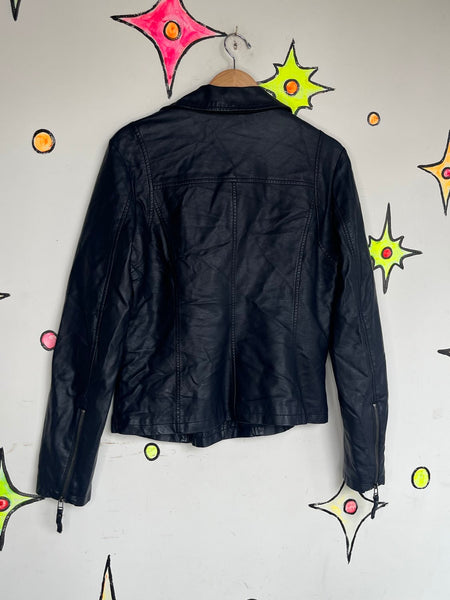 Vintage Y2K Navy Vegan Leather Moto Jacket Glam Grunge Rocker - M
