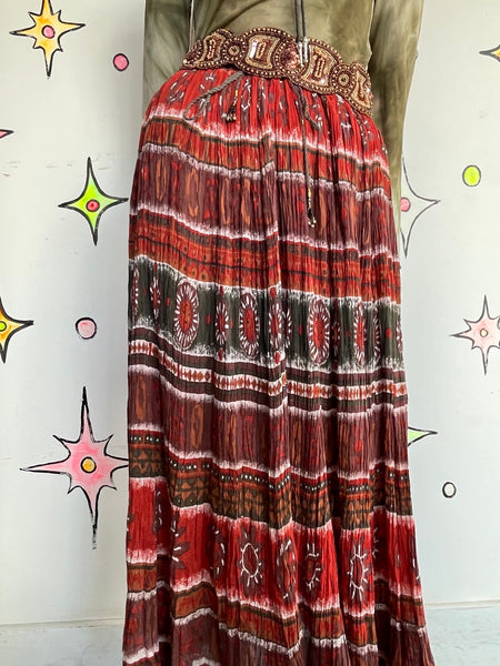 Vintage 80s 90s Red Western Boho Gauzy Flowy Maxi Skirt Global Coffeehouse