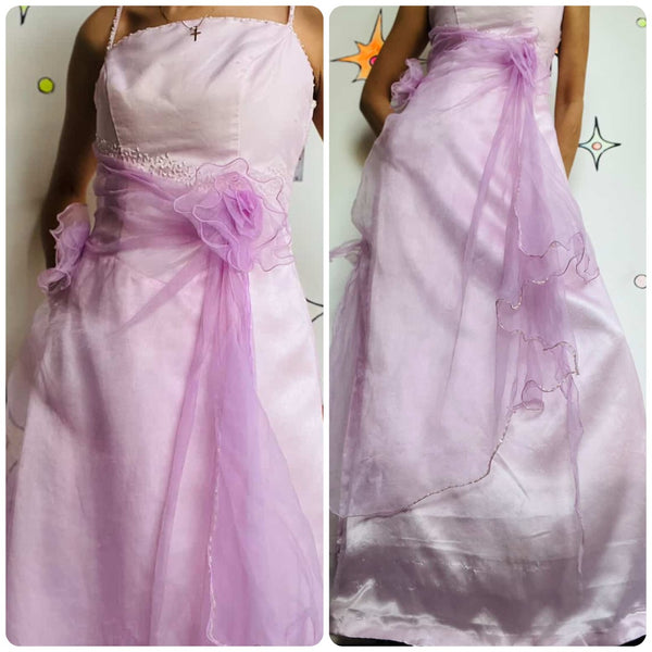 Vintage 80s 90s Pink Tulle Prom Dress Satin & Chiffon Fairy Princess Gown Small