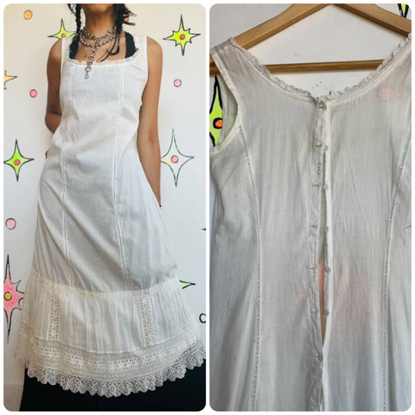 Antique Early 1900s Edwardian Cotton Lace Slip Dress Chemise Corset Cover | S/M