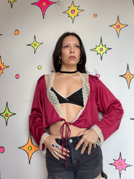 Vintage Burgundy Lace Lingerie Duster Romantic Goth Boudoir Y2K L