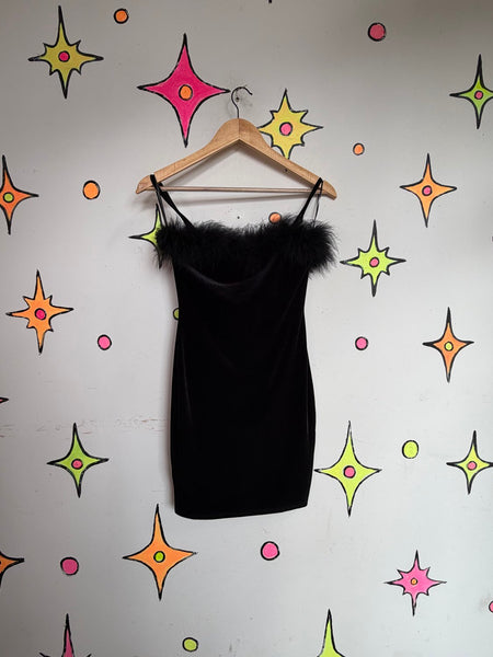 Black Velvet Feather Trim Mini Dress Whimsy Goth Glam Hollywood Femme XS