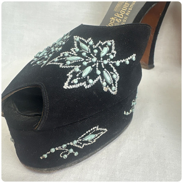 Vintage 1940s Black Embellished Peeptoe Platform Heels Designer Shoes - 7 - 7.5