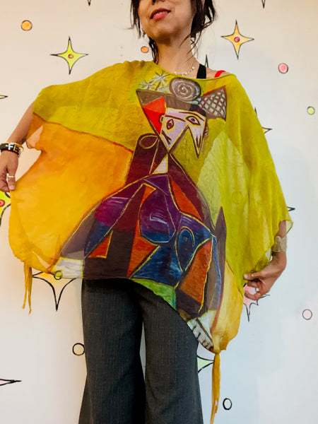 Wearable Art 100% Silk Picasso Cubism Sheer Blouse Gothic Avant-Garde - One Size