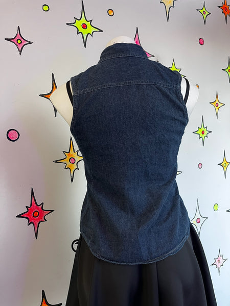 Vintage Y2K Denim Sleeveless Button-Up Indie Sleaze Grunge Biker Vest – S