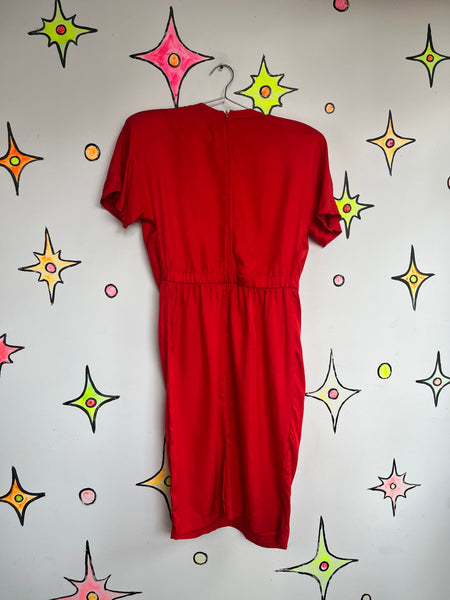 Vintage 80s Red Silk Sculptural Art Power Boss Dress | Shoulder Pad Cocktail | 8