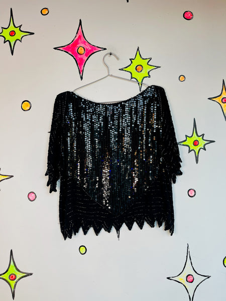 Vintage 80s 90s Black Whimsy Goth Glam Party Silk Sequin Blouse – Beaded – M
