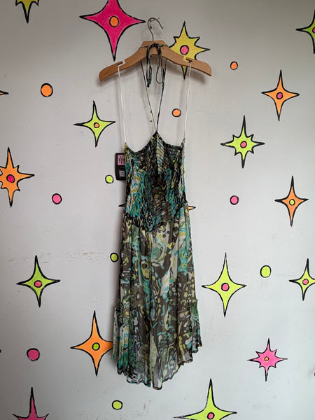 Y2K Teal Sheer Halter Babydoll Mini Slip Dress Mori Kei Fairy Whimsy Grunge XS