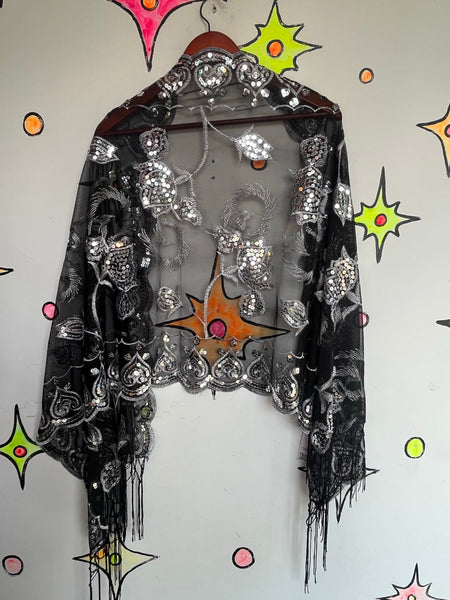 Vintage Black & Red Velvet Fringe Shawl Western Boho Flapper Witchy Goth Scarf
