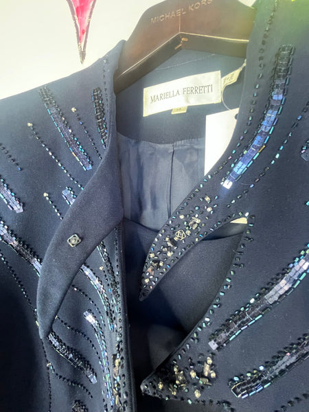 Vintage 90s Navy Beaded Abstract Sculptural Blazer Avant Garde Art Glam - L/XL