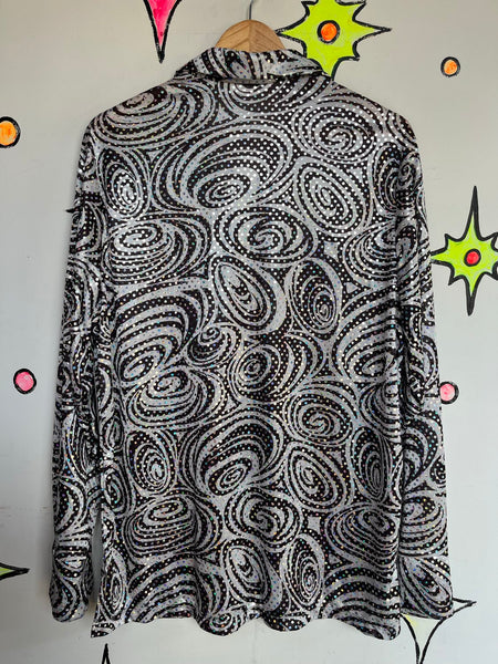 Vintage 90s Metallic Silver Irridescent Party Shirt - Rave Disco Clubwear M/L