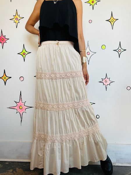 Vintage 90s Y2K Off White Boho Tiered Lace Maxi Skirt – Fairy Grunge Coquette SM