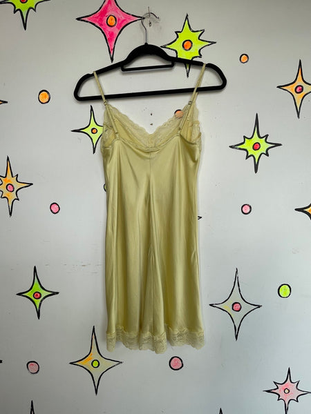 Vintage Pastel Silky Yellow Slip Dress with Lace Fairy Grunge Lingerie M