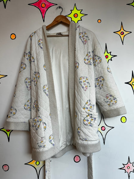 Vintage 80s Pastel QuiltedLounge Babydoll Nighty Robe Hooded Cozy Housecoat ML