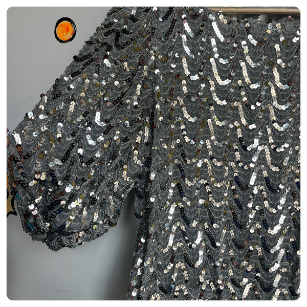 Vintage 70s 80s | Silver Sequin Disco Glam Dolman Sleeve Blouse Top | M