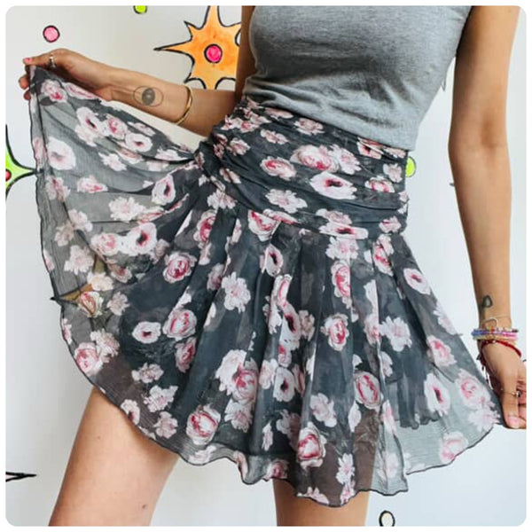 Y2K Gray w Pastel Pink Floral Print Fairy Boho Grunge Flowy Silk Mini Skirt - XS
