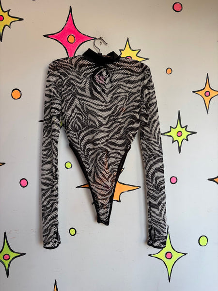 Y2K Sheer Zebra Mesh Bodysuit Cyber Grunge Animal Print | M/L