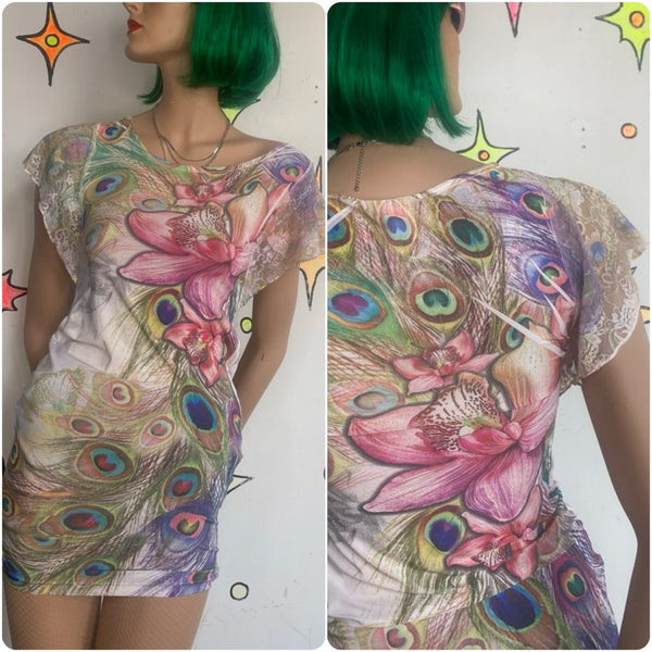 Y2K Pastel Tattoo Peacock Floral Dress Lace Flutter Sleeve Fairycore Mini - S