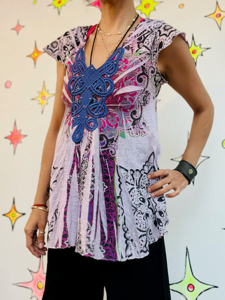 Vintage Y2K Purple Boho Grunge Fairy Crochet Embellished Tattoo Tee - Size M