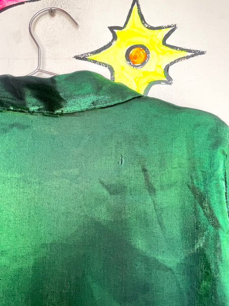 Emerald Metallic Button Up Shirt - 90s Vintage Fairy Grunge Cyber Party Top M/L