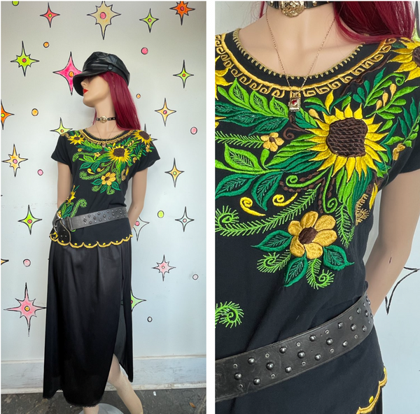 Mexican Embroidered Sunflower Top Black Boho Grunge Whimsigoth L