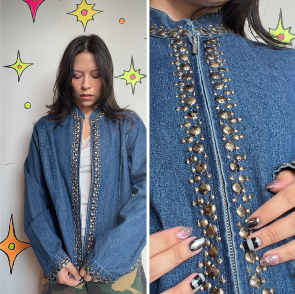 Y2K Beaded Denim Jacket | Embellished Rhinestone Indie Sleaze McBling Glam L