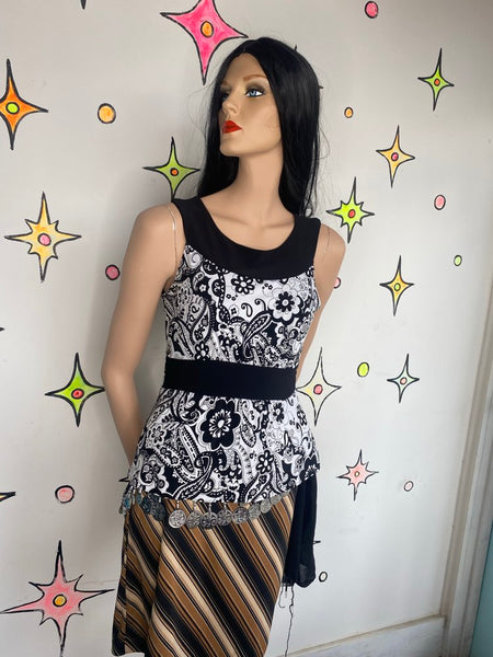 Black & White Paisley Scarf Bringe Top 90s Stretchy Fairy Grunge Whimsy Goth - S